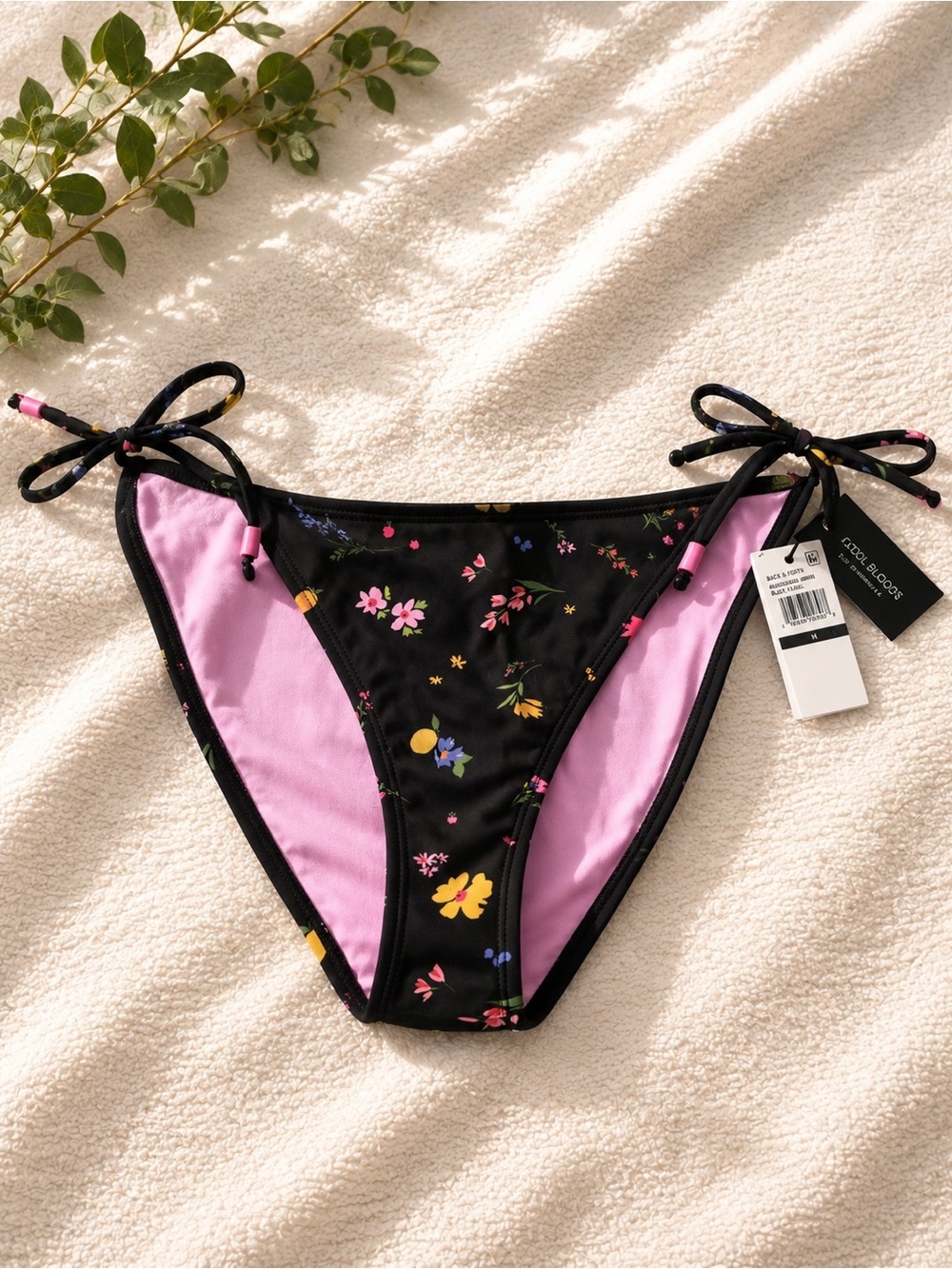 Tie-Side Floral Bikini Bottoms - Black & Pink